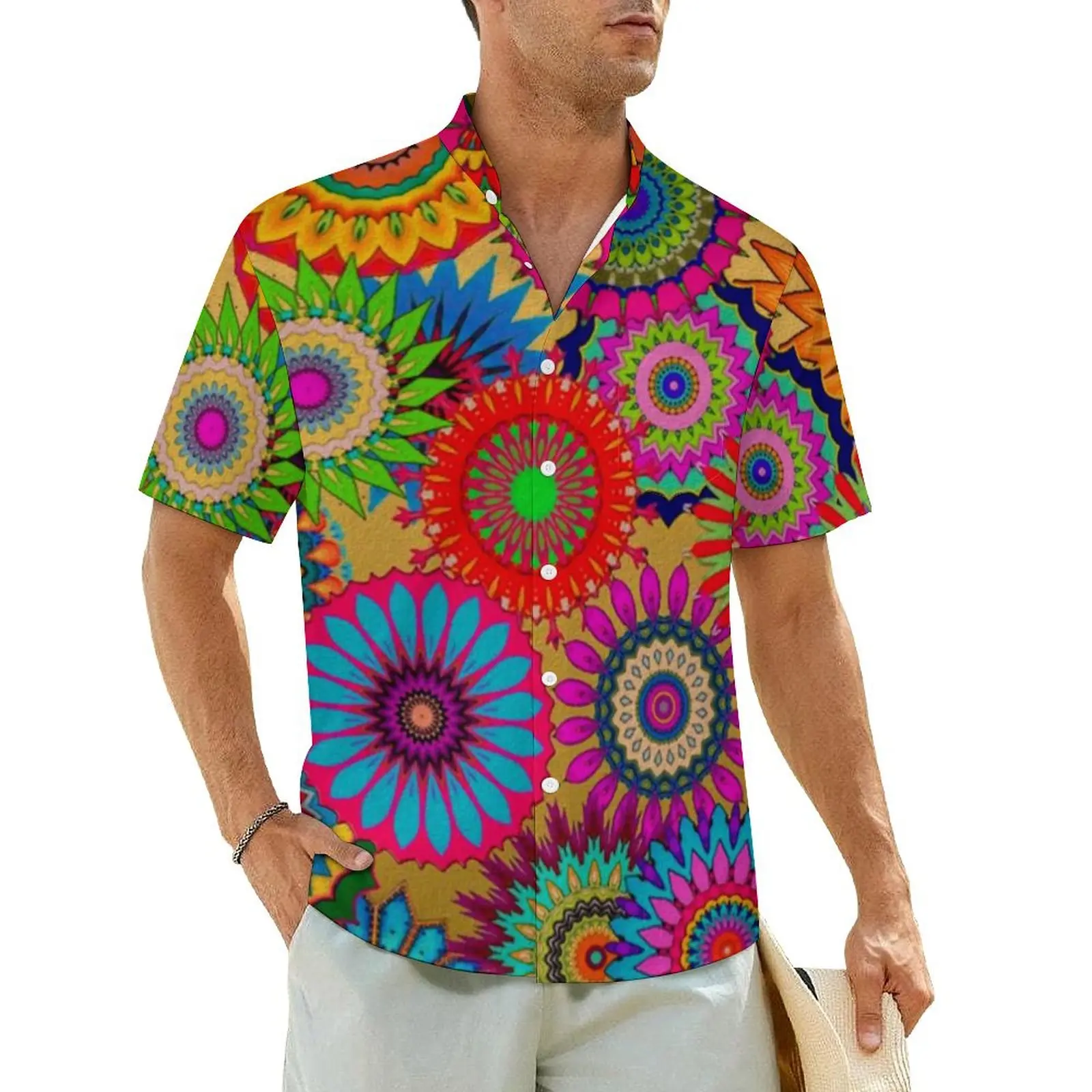 Colorful Mandala Bohemian Hawaiian Shirt For Men Beach Bright Retro Floral Casual Shirts Short Sleeve Stylish Oversized Blouses