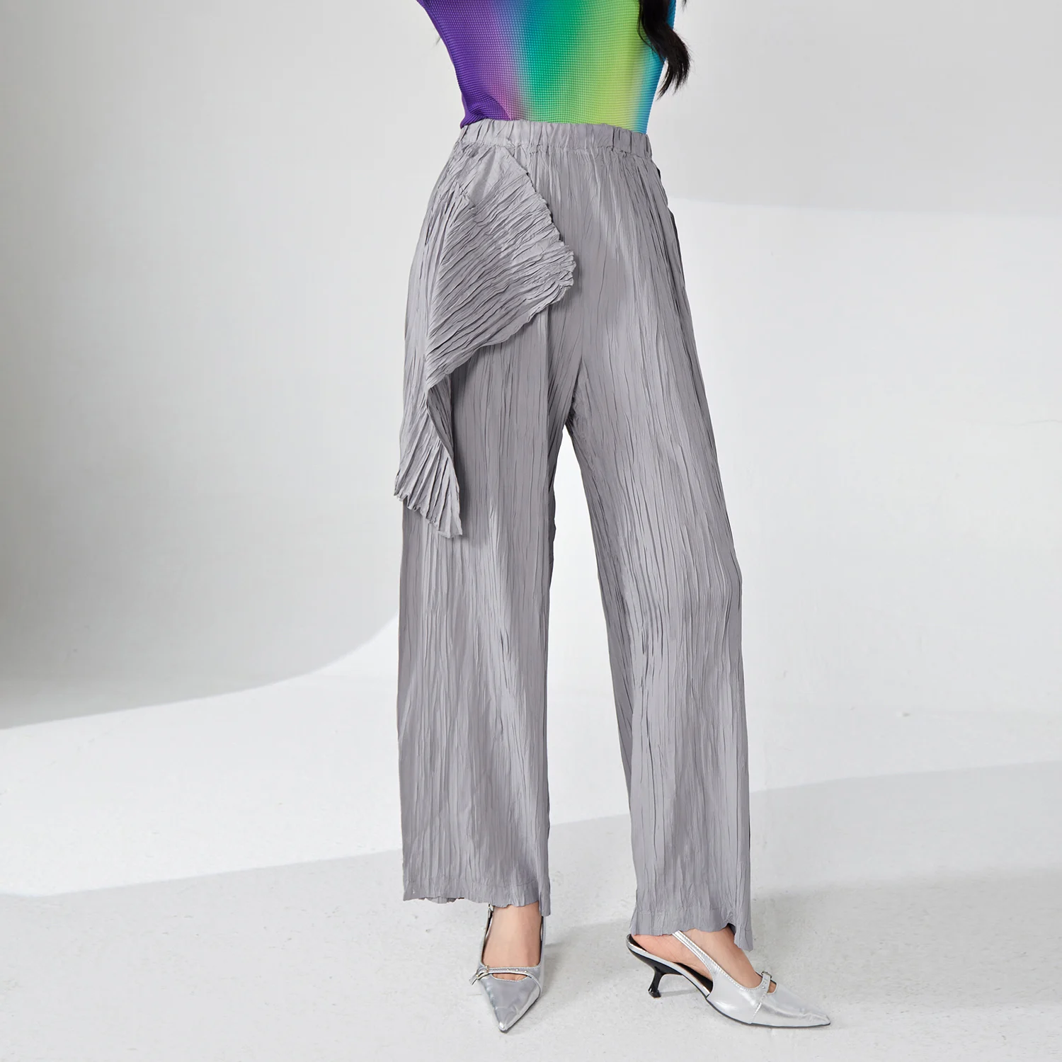 

Miyake Women's Pleated Fashionable and Elegant Wide-Leg Casual Style High-Waist Elastic Design Straight Pants