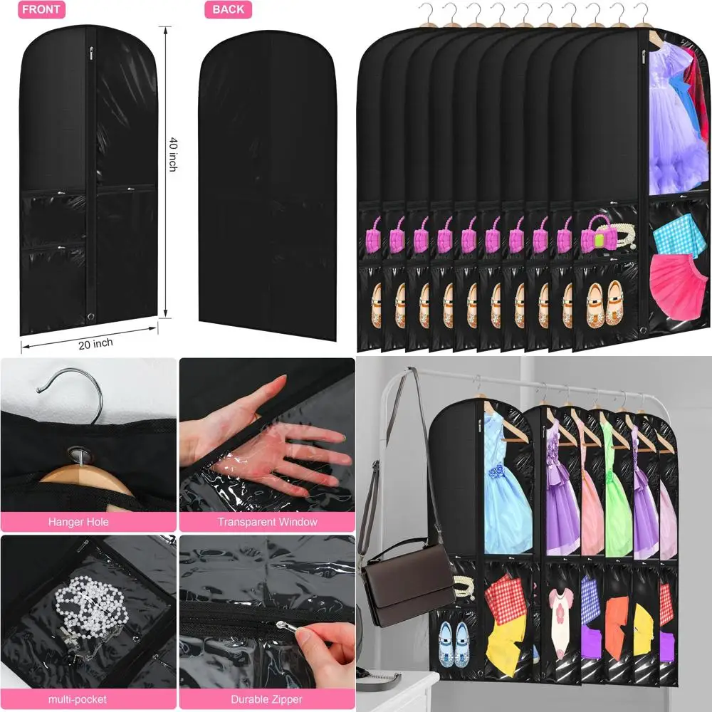 

40-дюймовые детские сумки для танцевальных костюмов, 10 шт., подвесные водонепроницаемые чехлы для одежды с 3 прозрачными карманами для соревнований и путешествий