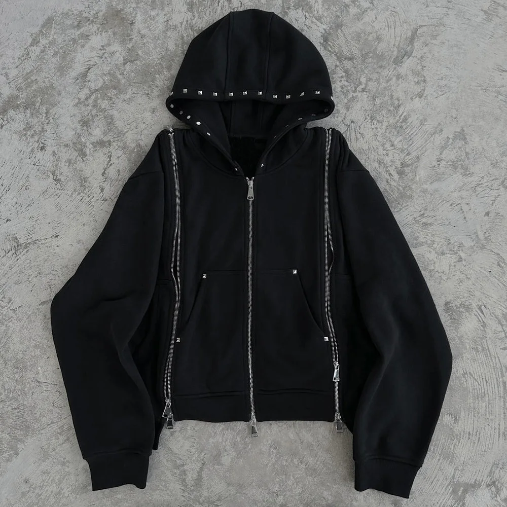 

Худи в стиле ретро-готика, однотонное, с принтом «горячие бриллианты», свободного кроя, с декоративной молнией, Y2K