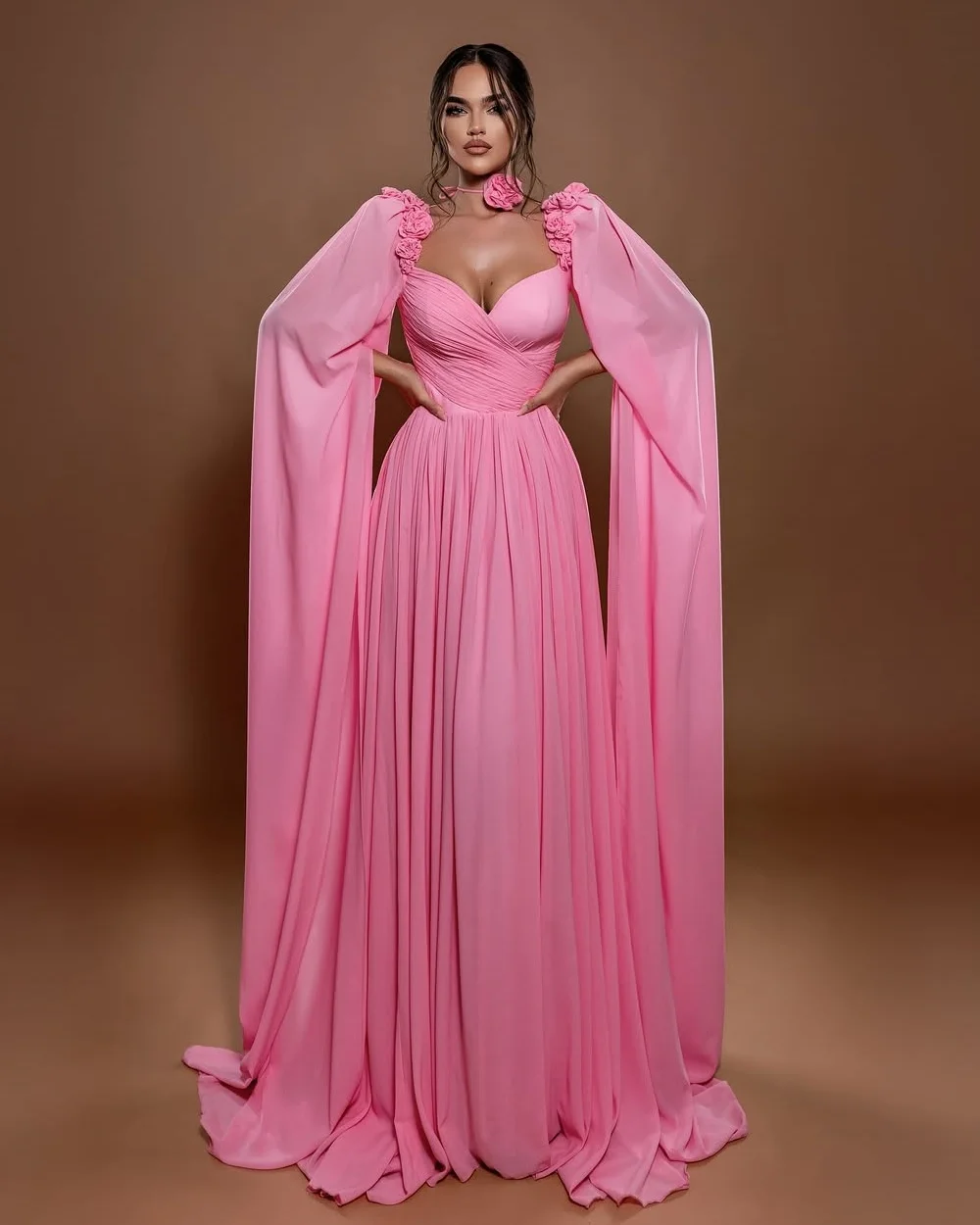 

Customized Elegant Fashion Chiffon Handmade Flower Pleat Straight Sweetheart Long Dresses Bespoke Occasion Dresses Modern Style