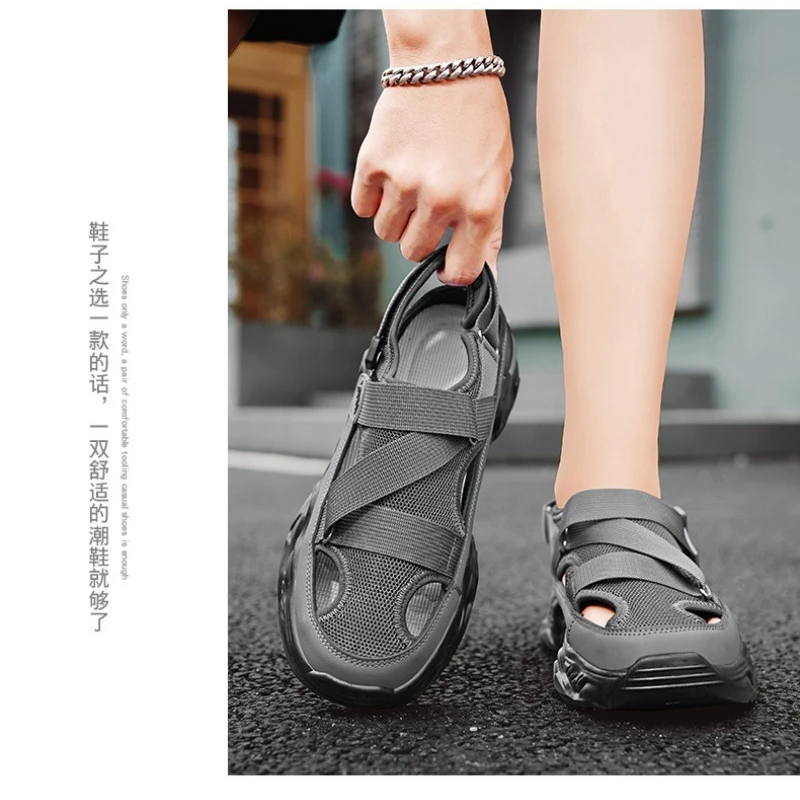 Men Platform Sports Sandals 2026 Summer Mesh Magic‑tape Rubber Sole Hollow‑out Breathable Beach Casual Footwear Black Gray Khaki