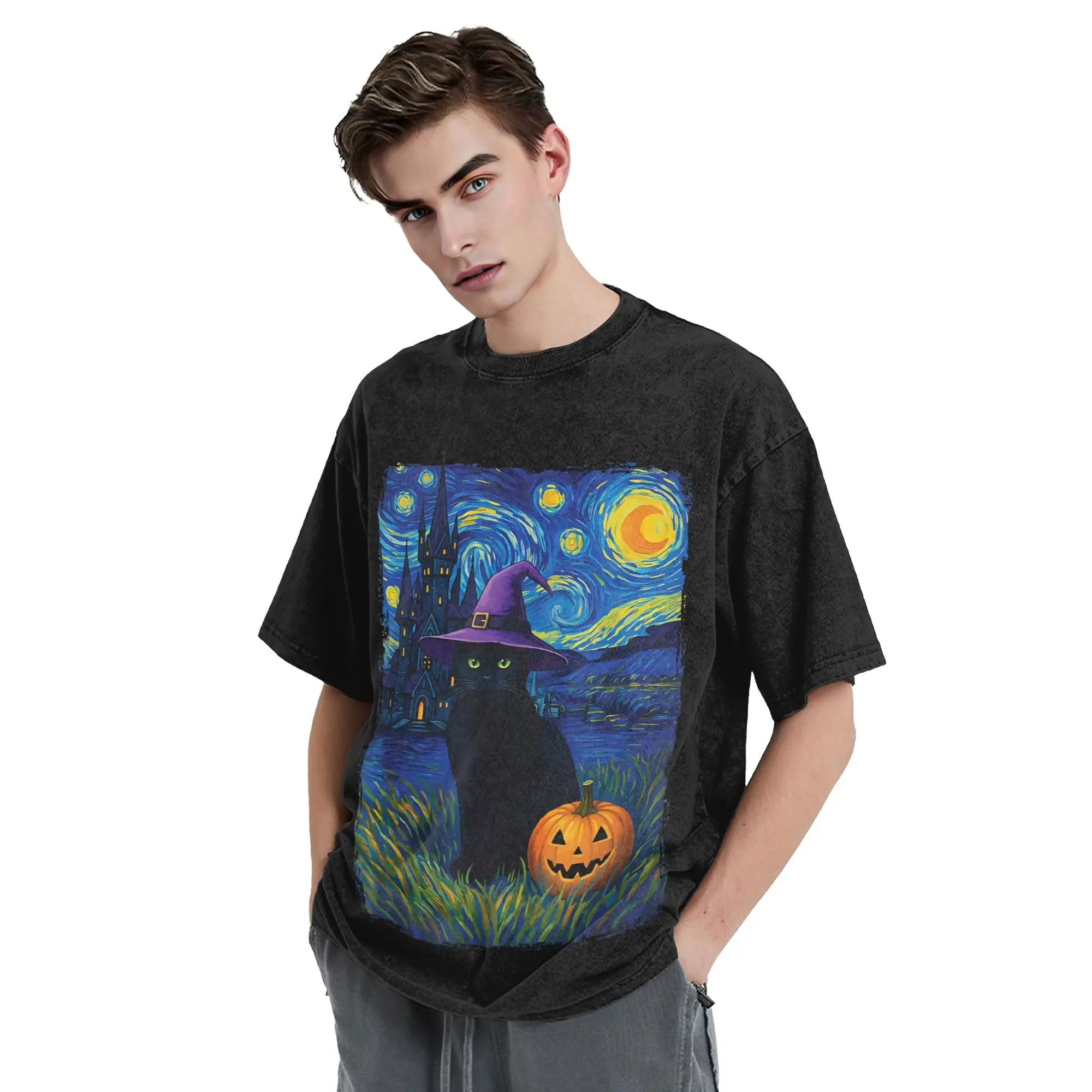 Cat Starry Night Halloween T Shirts Hip Hop Washed Harajuku T-Shirts Pumpkin Vintage Men Women Tops Streetwear Printed Tops Tees