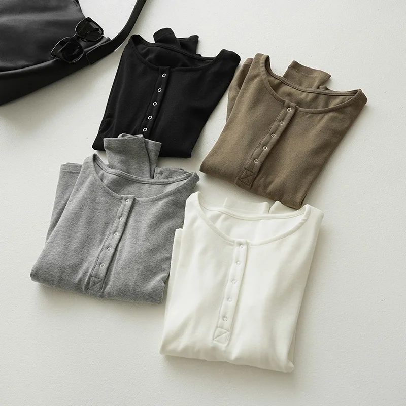 

Autumn Henry Collar Button T-shirt Women Slim Fit Minimalist Solid Color Long Sleeve T-Shirts
