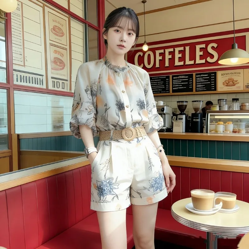 New Luxury Fashion Printed 2 Piece Set Women Summer Chiffon Elegant Half Sleeve Shirt + Shorts Office Lady Women's Suit