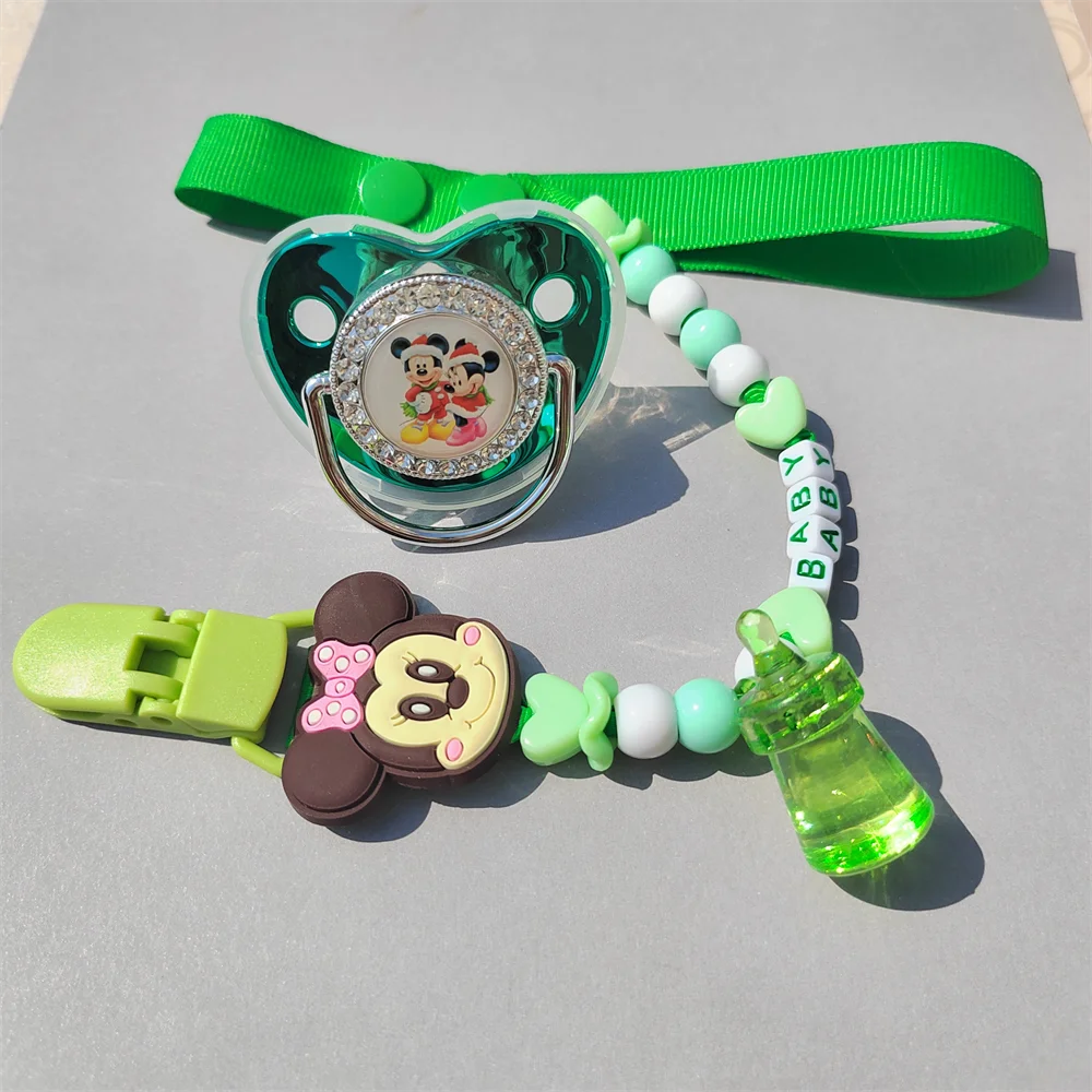 [ 1 Set ] Minnie Mouse Green Beads Customized Name Pacifier Clip BPA Free Baby Chew Teething Silicone Nipples 0-18m Baby Items