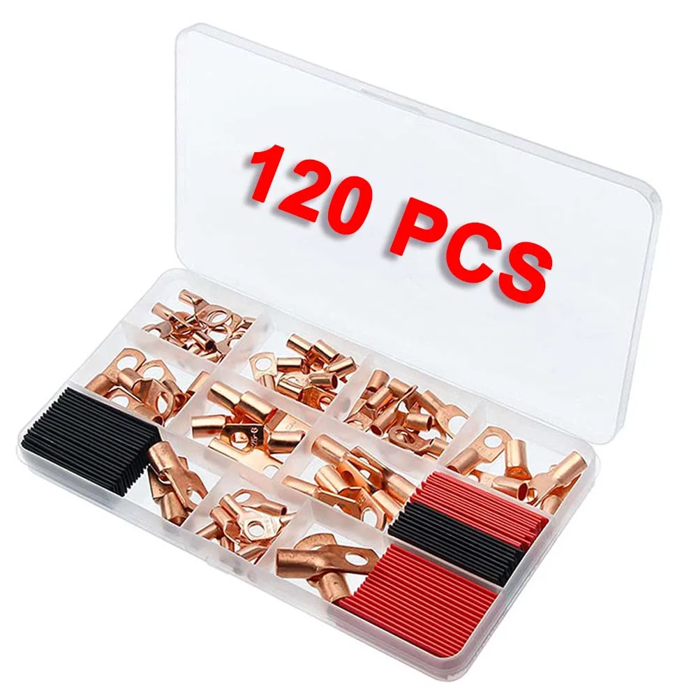 120Pcs Copper Wire Lugs with Heat Shrink Set, Battery Cable Lugs Battery Cable Ends Ring Terminals Connectors 10 Type Assortment