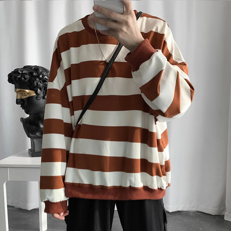 Spring Autumn Men\'s Fashion Striped T-shirt Youth Round Neck Long Sleeve Bottomed Shirts Pullover