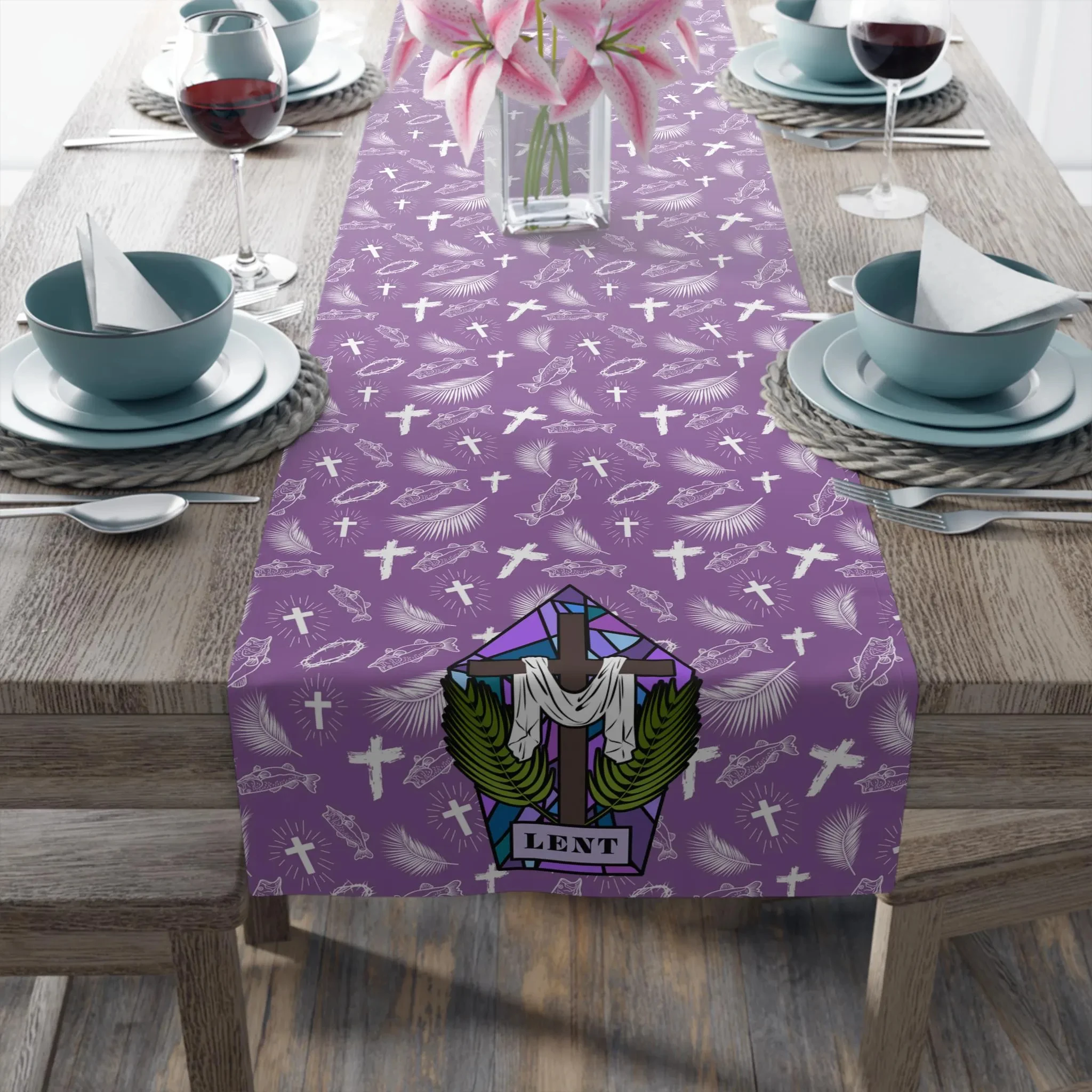 Lent Table Runner, 40 Days Ash Wednesday Catholic Home Decor, Religious Table Linens for Kitchen & Gathering