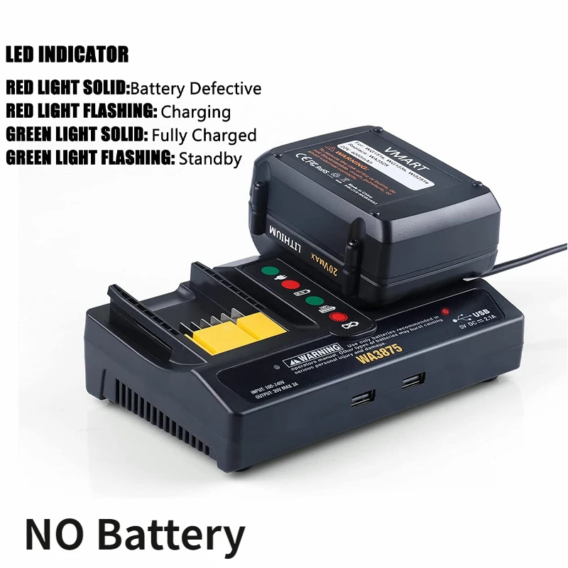 

For Worx 18V 20V Battery Charger WA3875 Replacement WA3512 WA3520 WA3575 WA3578 WA3742 WA3732 WA3881 WA3847 WA3868（NO Battery)