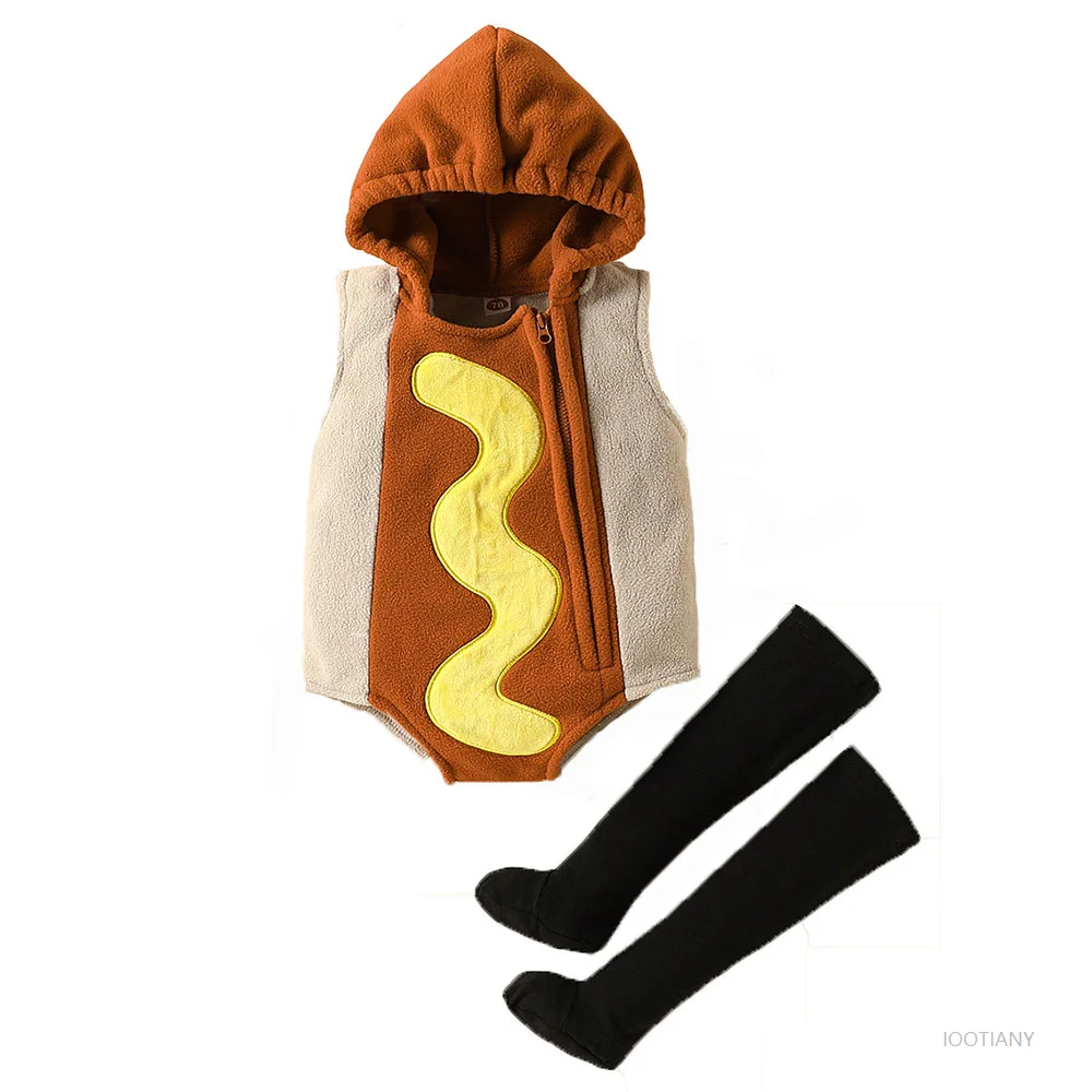 

Boys Hot Dog Food Hooded Baby Cosplay Bodysuit With Socks Halloween Christmas Cute Dress Up Baby Girl Small Hot Dog Costume