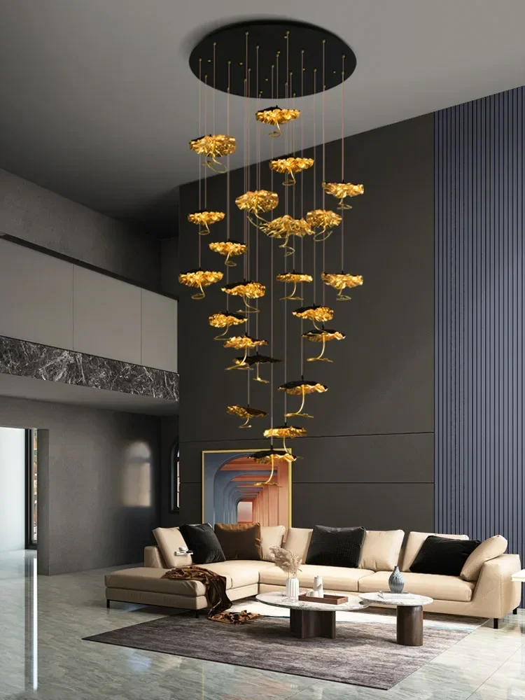 LED Copper Black Gold Lotus Chandelier - Multiple Heads Villa Staircase Lighting Fixture Indoor Hanging Lamp for Home