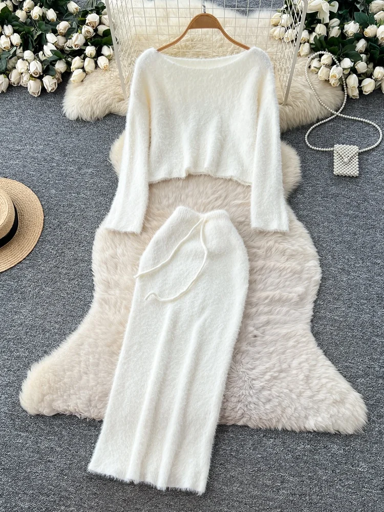 

Корейский Sle Faionable, элитный женский осенне-зимний свободный комплект ort Sve Long Sve, пушистый топ и юбка, повседневная рабочая одежда