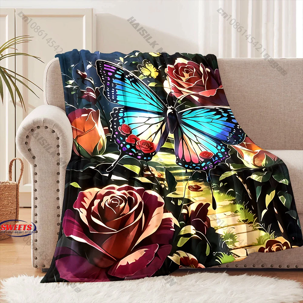 

Butterfly and Roses Cozy Blanket Multiple sizes kid's and adults' bedroom living room sofa decor blanket, Exquisite gift