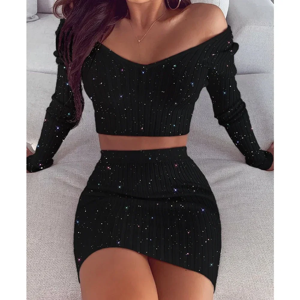 

Summer 2 Piece Sets Outfits Long Sleeve Tops Off Shoulder Tshirts Tops Skinny Skirts Gold Dress Sets Women Pencil Skirts