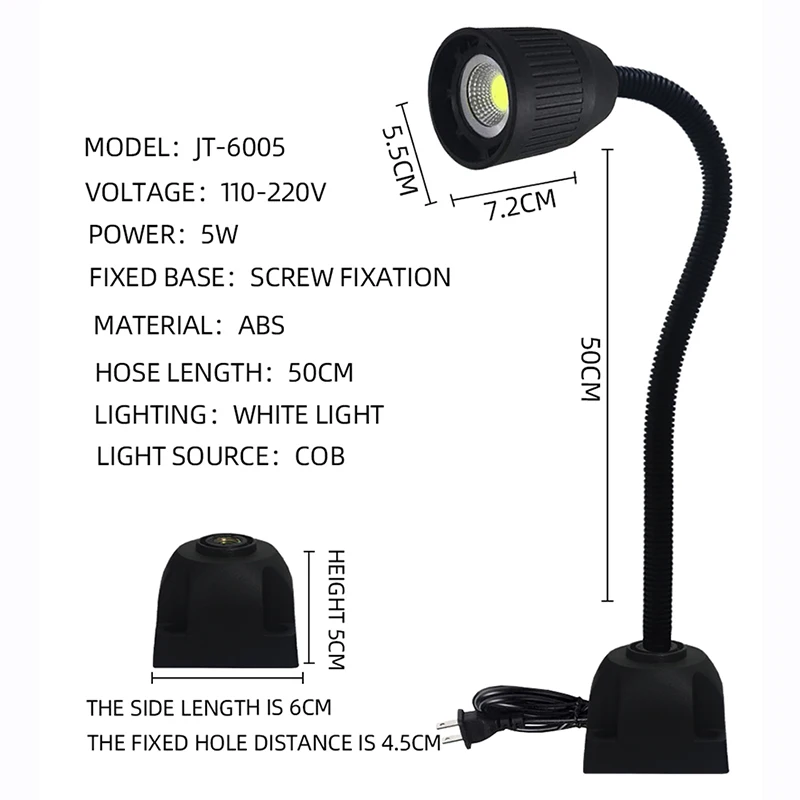 Industrial Gooseneck Luzes LED, Base Magnética, Costura Reparação Trabalho Lâmpada, Torno Drill Press, 5W, 110-220V, L50 CM