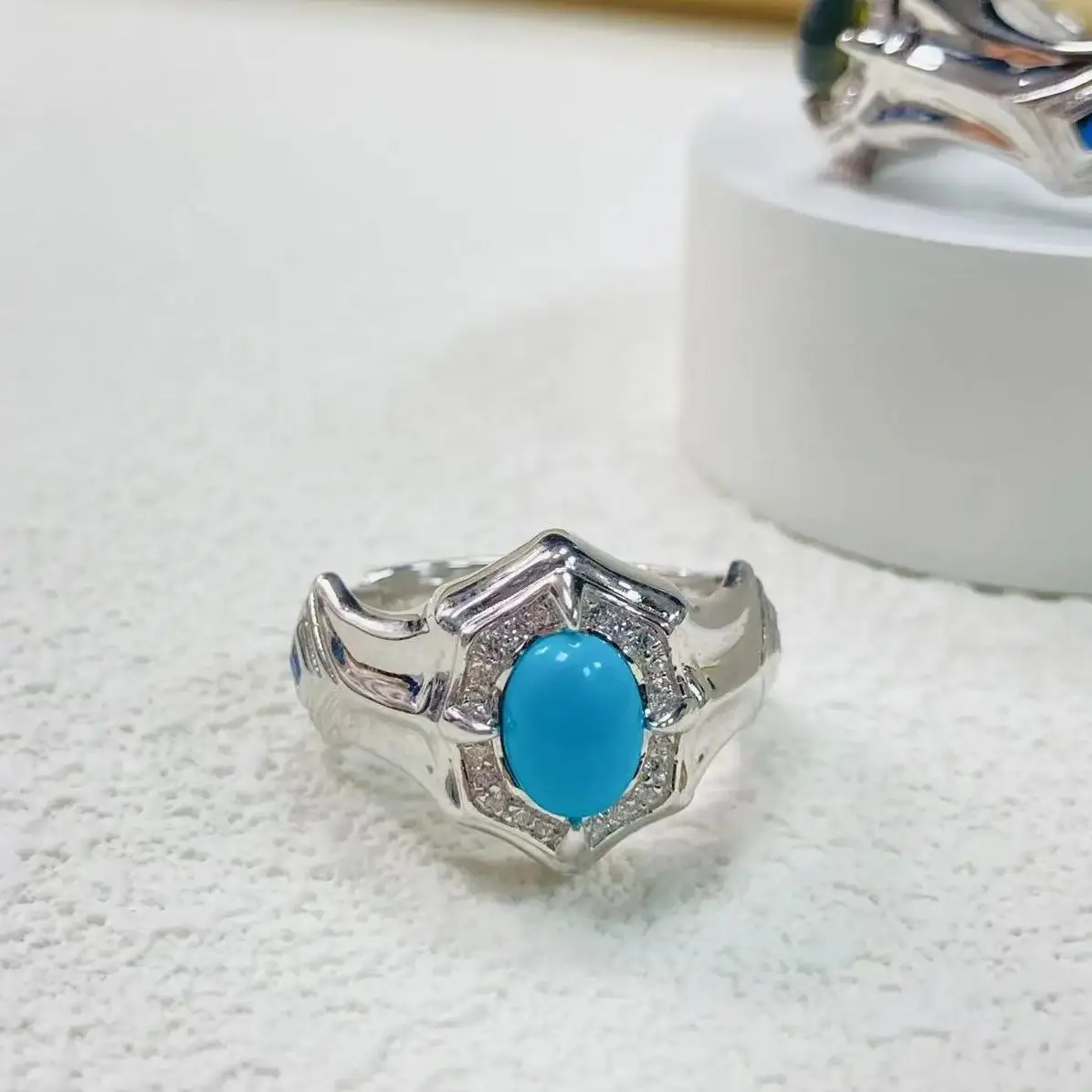 S925 Silver Plated Platinum Ellipsoidal Natural Turquoise Ring for Men and Women Rings