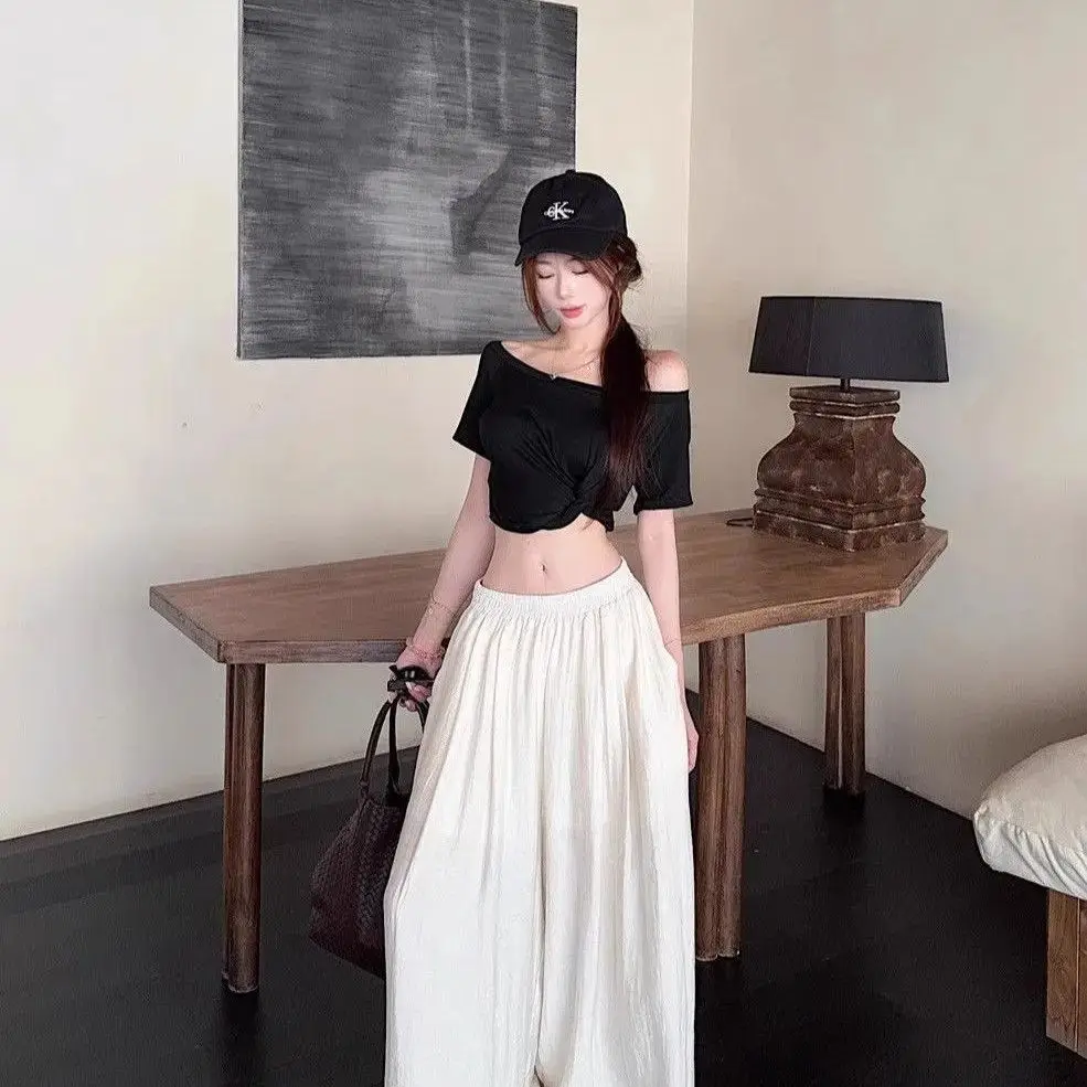 Summer Slim Fit Short Sleeve Crop Top Women's T-shirt Korean Style Breathable Skin-friendly Lightweight Shoulder-baring Tee
