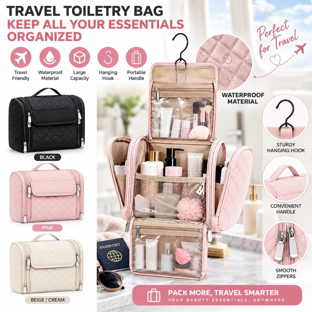 Waterproof Hanging Toiletry Bag Clear Pockets Hanging Hook Cosmetic Carry Case Carry Handle Quilted Exterior