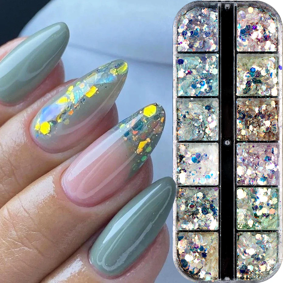 12 Grids Shimmery Mermaid Hexagon Nail Art Glitter Sequins Holographic Mirror Nail Powder Flakes Nail Charms Decoration Manicure