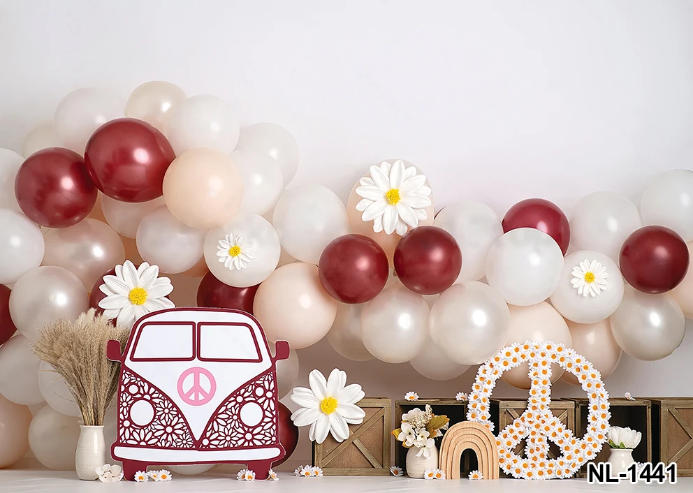 Photography Background Boho Retro Daisy Floral Groovy Balloon Girl Birthday Party Portrait Decor Photo Backdrop Studio