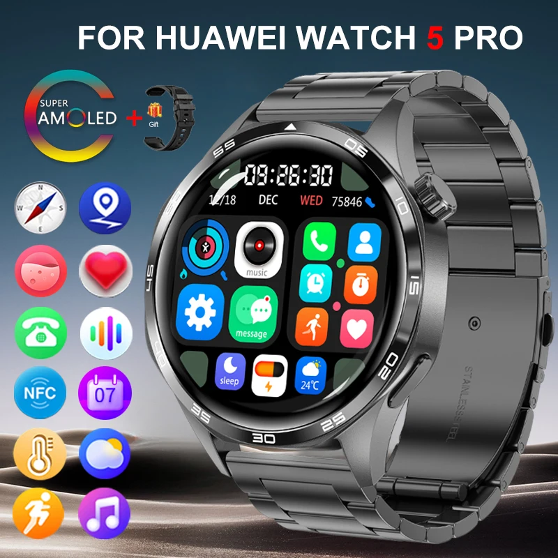 Watch5 Pro Smart Watch Men Bluetooth Call Voice Assistant SOS Clock Calendar NFC Sports Compass Heart Rate Smartwatch For Huawei