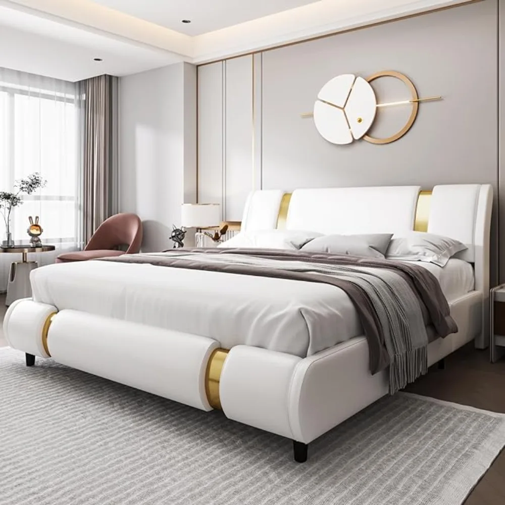

Modern Faux Leather Upholstered Platform Bed Frame with Golden Iron Metal Decor, Adjustable Curved Headboard, Queen White-golden