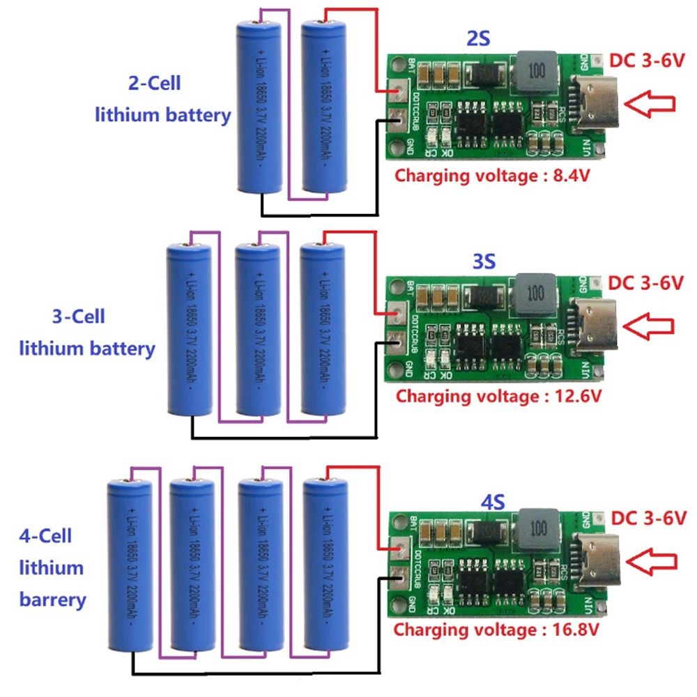 2S 3S 4S Type-C to 8.4V 12.6V 16.8V Boost Boost Polymer Li-Ion Charger 7.4V 11.1V 14.8V 18650 Lithium Battery Charging Module