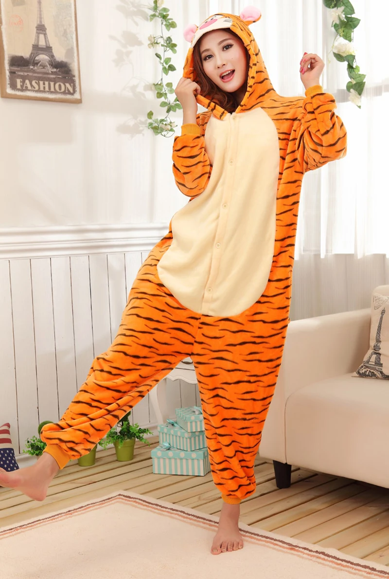 Cute Orange Tiger Comfortable Leisure wear Hooded Flannel One-piece pajamas Button Onesie Couple Sleepwear Women Men