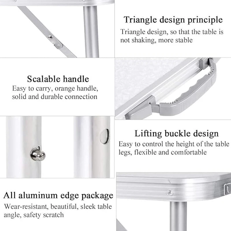 طاولة قابلة للطي 120 سم، طاولة تخييم للنزهات، مكتب دراسة للكمبيوتر المحمول، مع مقبض حمل، 3 ارتفاع قابل للتعديل، أبيض