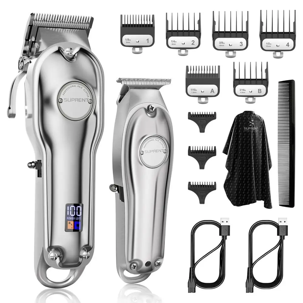 

Professional Hair Cutting Kit & T-Blade Trimmer Combo - Cord/Clipper Set with LED Display for Men (Silver)