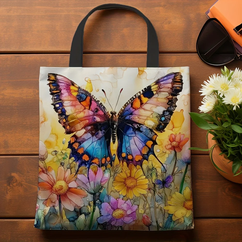 1pc Vibrant Butterfly & Floral Pattern Tote Bag Durable Polyester Rectangular with Spring Desig for Shopping Pouch Handbag