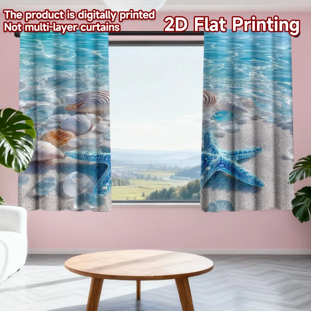 

2D flat printing 2pcs Drapes Seashells and Starfish Beach Digital Printed Polyester Drapes Seasonal Party & Holiday Decor for