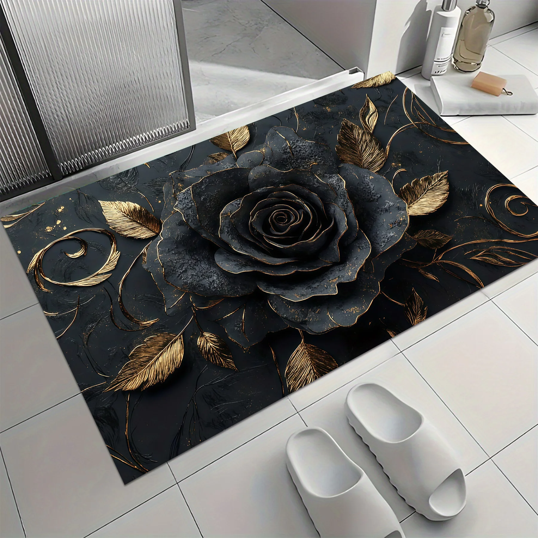 Luxury Black Gold Rose Floral Print Mat Polyester Runner Rug for Bathroom Vanity Hallway Decor Home Accent