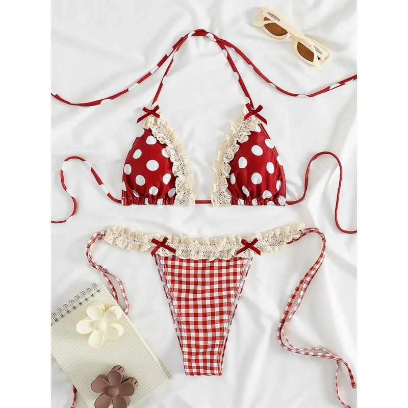 جديد لينة حقيبة البولكا نقطة الدانتيل تقليم Bowknot ديكور الرسن رابطة عنق مثير حزب بيكيني مجموعة