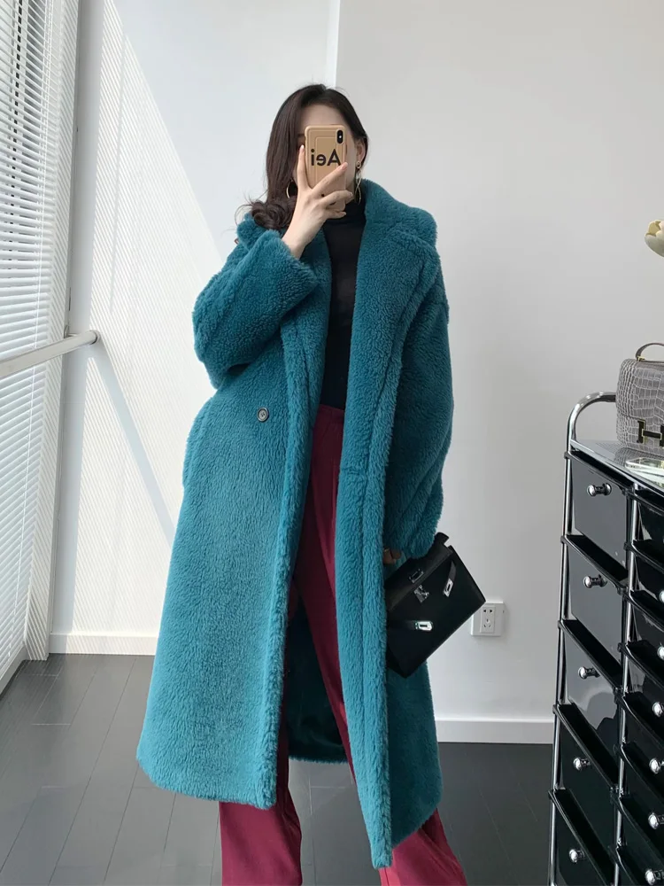 

2023 New High Quality Plus Size Teddy Bear Coat Women Alpaca Fur Mid-length Loose Silhouette Fur Lapel Long Sleeve Wool Coat Win