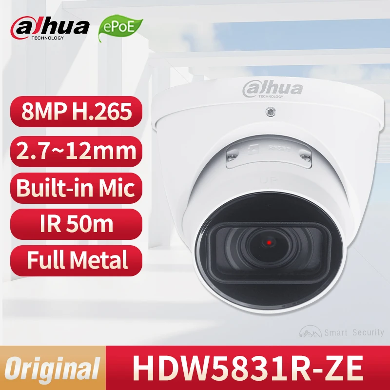 Dahua 4K Outdoor Motorized Zoom Camera 8MP Full Metal Body Network IP Camera IR 50m ePoE IP67 IK10 Built-in Mic IPC HDW5831R-ZE