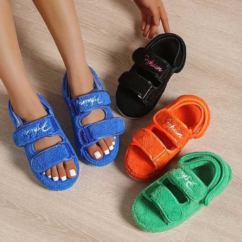 Fur Platform Sandals Women Summer Thick Flat Slides Sandals Girl Fashion Casual Beach Shoes Ladies Open-Toe Plus Size Shoes