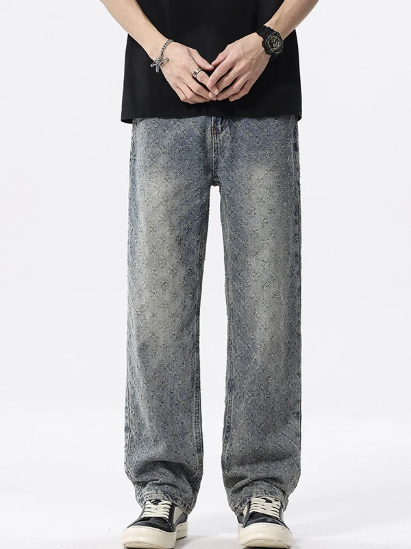 

High-End Embroidered High Street Trendy Brand INS Design Jeans Men Loose Straight Leg Waed Wide Leg Long Pants Casual Wear