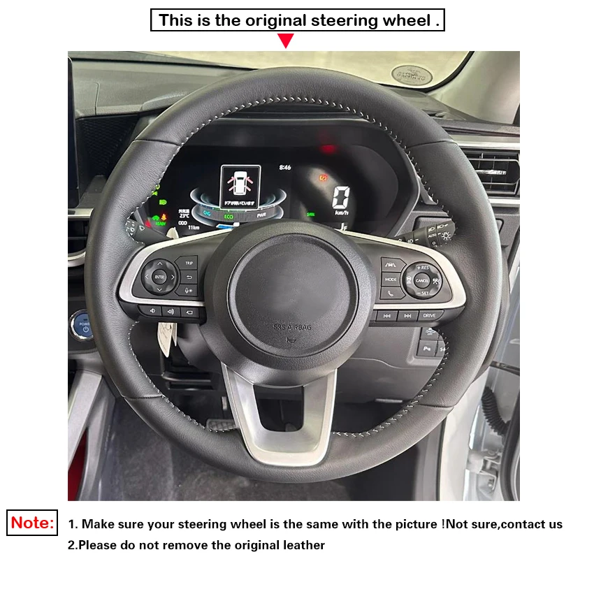 Black Faux Leather Hand-stitched No-slip Soft Car Steering Wheel Cover Braid for Toyota Raize 2019-2024 Yaris 2023-2024