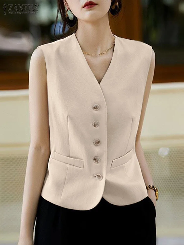 

ZANZEA Women OL Solid Color Outwear Gilet Sleeveless Suit Vests Fashion V-Neck Office Waistcoat 2024 SummerSingle-breasted Tops