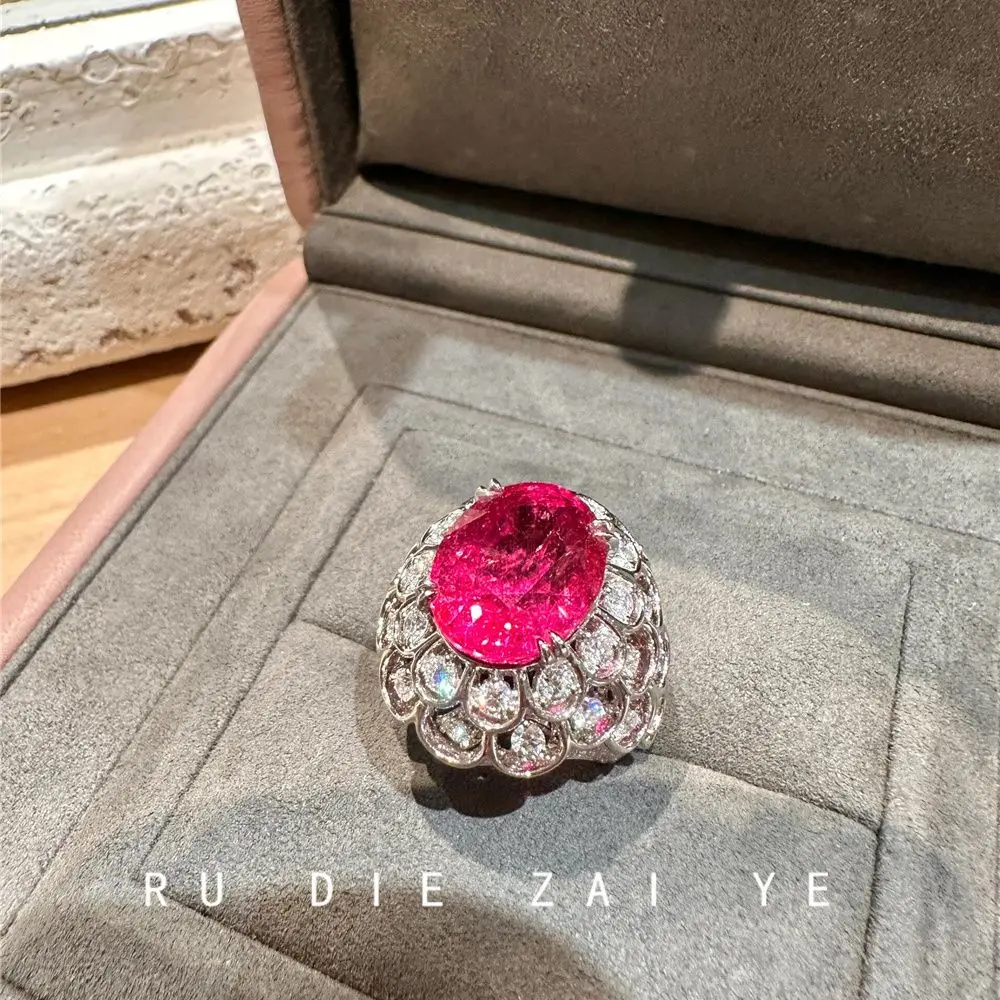 

Pink rose red pigeon egg diamond ring light luxury high-end feeling resisable ring for women