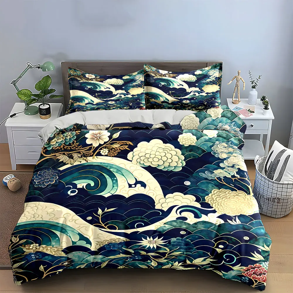 3Pc Japanese Wave Floral Bedding Set,Teal and White Ocean Waves with Peonies Print Duvet Cover+2 Pillowcases,Traditional Decor