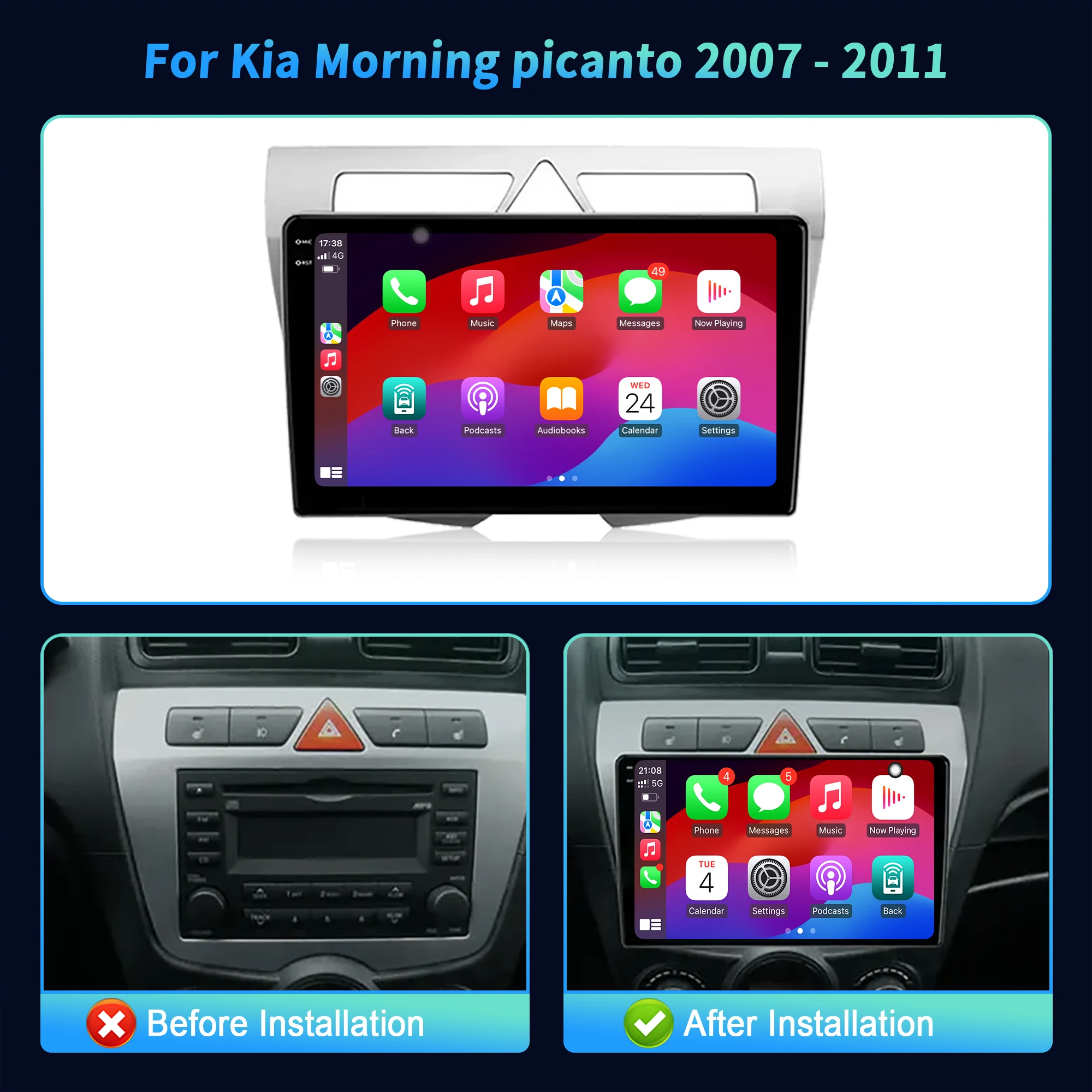 9inch Car Radio For Kia Morning Picanto 2007-2011 BT Carplay Android 16 Multimedia Navigation Head Unit 2K QLED Screen