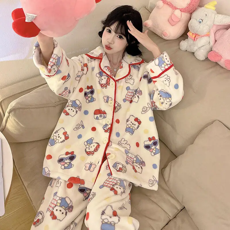 Cartoon Hello Kiity Pajamas Female Coral Fleece Cute Thicken Autumn Winter Warm Kawaii Flannel Soft Comfortable Lounge Clothes