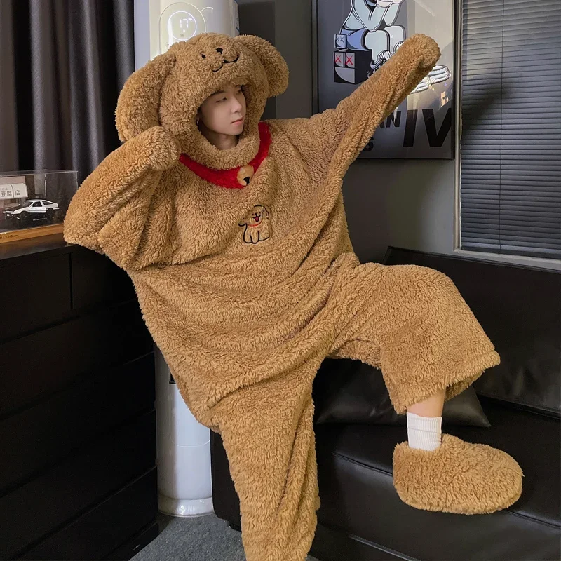 Women bodysuit cartoon Dog Coral Velvet Men Nightgown Cute Korean Pajamas Hooded Funny Anime Sleepwear boyfriend Homewear