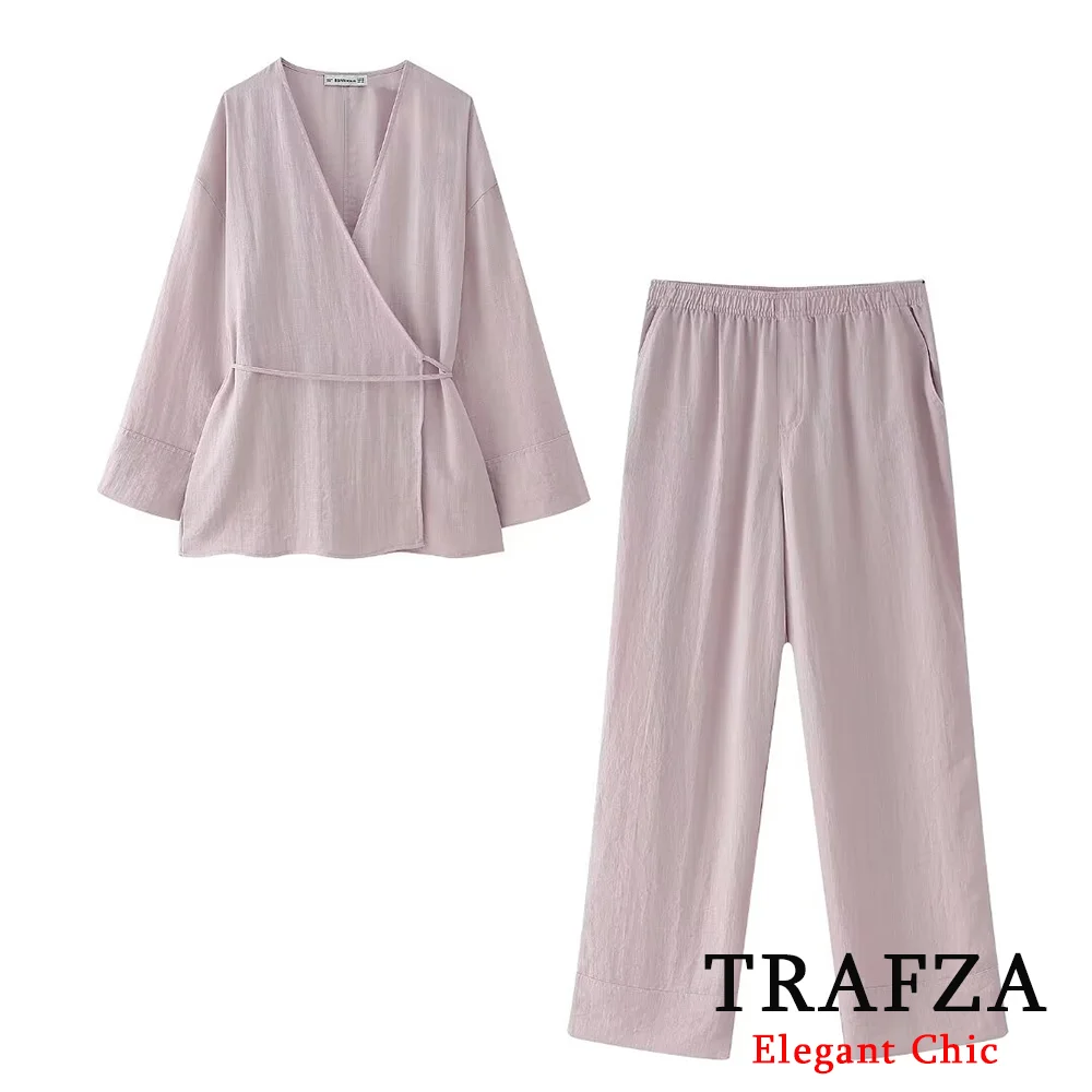 TRAFZA Women\'s 2-piece Retro Textured Double-breasted Kimono Style Coat + Elastic Waist Pockets And Pajama Style Loose Trousers