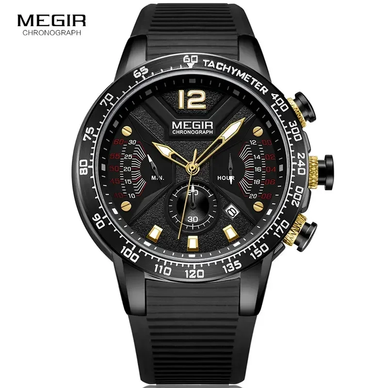 MEGIR Men's Army Sport Quartz Watches Silicone Band Chronograph Waterproof Luminous Wristwatch Man Relogios Masculino 2106 Black