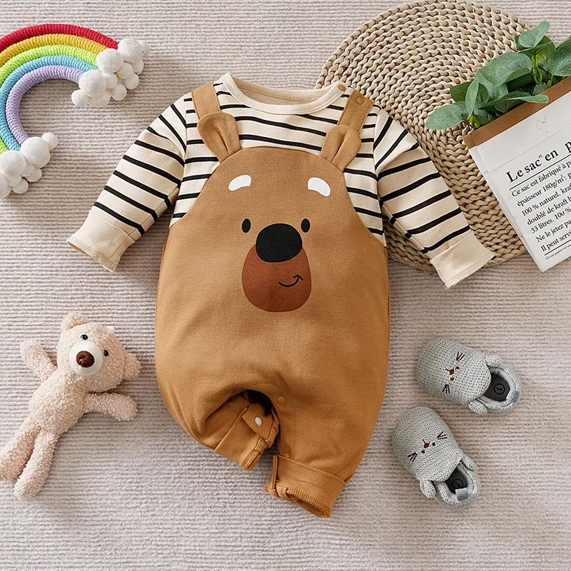 

Fake Suspenders Beige Bear Stripes Spring and Autumn 100% Cotton baby clothes 0-18Months Boys and Girls Baby Long-Sleeve Romper