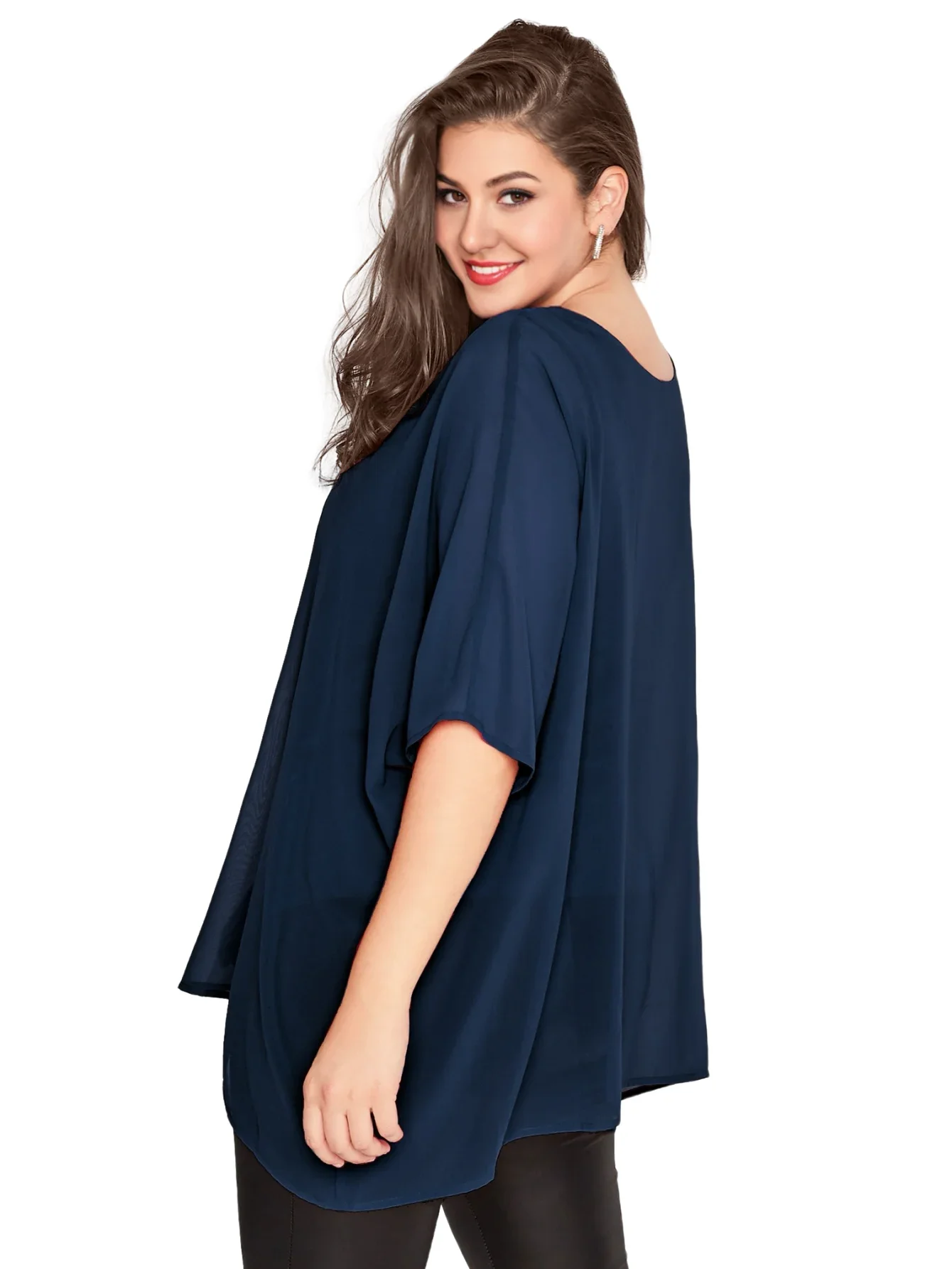 Womens Plus Size Elegant Summer Blouse Batwing Sleeve Oversized Chiffon Blouse Scoop Neck Large Size Casual Tunic Top Shirt 4XL